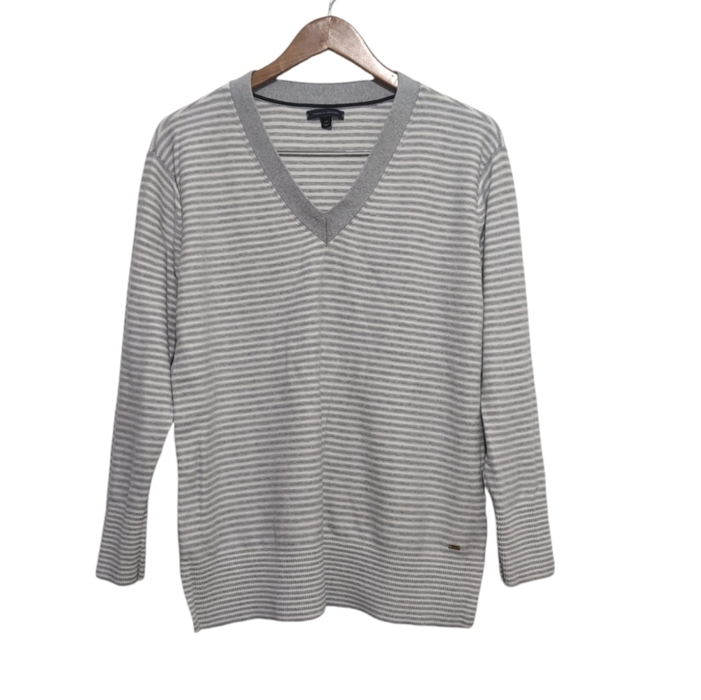 Tommy Hilfiger Sweater Striped V-Neck White and Gray Cozy Cotton size Large